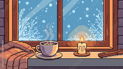 Pixel art illustration of a cozy windowsill with a steaming hot drink and a glowing candle creating a warm, relaxing hygge mood against a snowy winter view