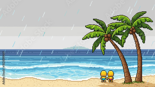 Pixel art illustration of a rainy tropical beach with a couple holding hands and watching the ocean waves under palm trees, a retro 8-bit video game style landscape