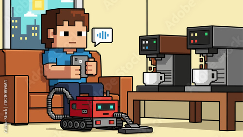 Pixel art man relaxing on a sofa using a tablet with voice commands to control a robot vacuum and coffee machines in his modern automated smart home