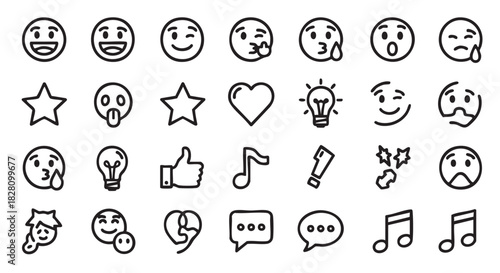 Collection of Emoji and Social Media Icon Line Art Symbols