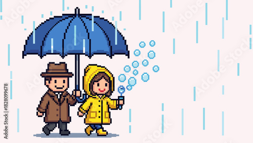 Pixel art man and child walking together under a large blue umbrella in the rain, with the happy girl in a yellow raincoat blowing bubbles in a retro 8-bit style illustration