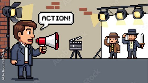 Pixel art illustration of a film director shouting action through a megaphone on a movie set with actors, a clapperboard, and bright studio lights in a retro 8-bit style