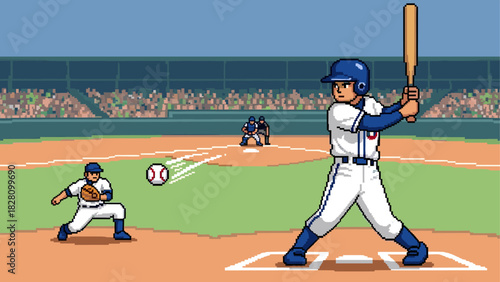 Pixel art baseball game scene with a batter at the plate ready to hit a fastball from the pitcher in a crowded stadium, retro 8-bit video game style illustration
