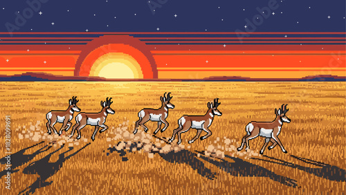 Herd of pixel art pronghorn antelopes running across a golden prairie at sunset, casting long shadows under a starry sky in a retro video game aesthetic