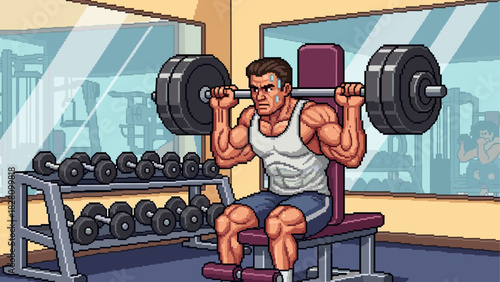 Muscular pixel art man lifting a heavy barbell while sitting on a bench in a retro video game style gym with a determined expression on his face