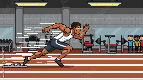 Muscular male sprinter in pixel art style exploding from starting blocks on an indoor track with a futuristic glowing eye and motion blur effect