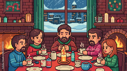 Pixel art illustration of a family gathering around a dinner table, enjoying hot drinks in a cozy room with a fireplace and a snowy city view from the window