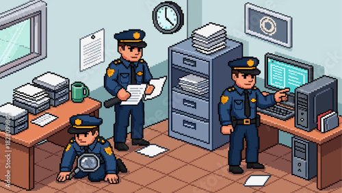 Pixel art police officers investigating a case in a busy station office with computers, files, and magnifying glass in a retro video game style