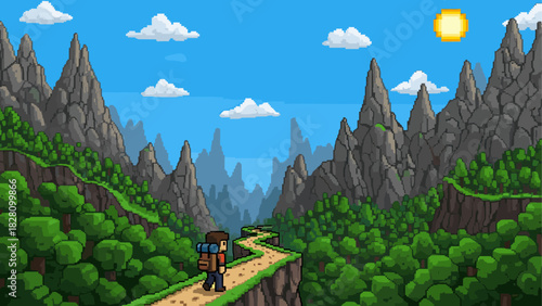 Pixel art hiker with a backpack walks on a winding path through a lush green forest and majestic grey mountains under a clear blue sky with a bright sun