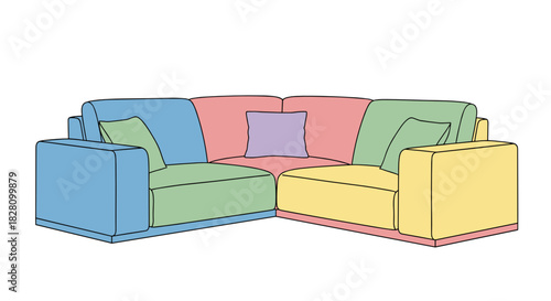 Colorful sectional sofa illustration in a playful design for home decor and furniture concepts