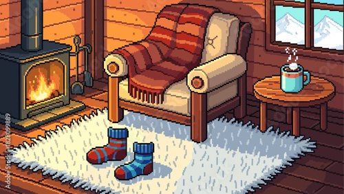 Cozy pixel art interior of a wooden cabin with a fireplace, armchair, and hot chocolate, creating a warm and relaxing winter scene with a view of snowy mountains