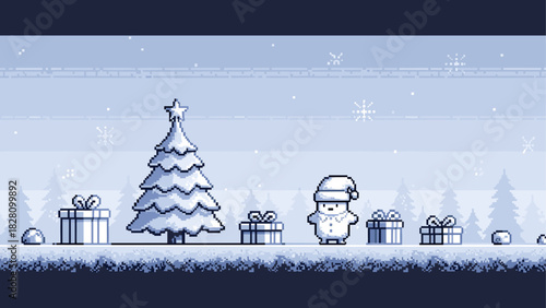 Pixel art winter Christmas scene with a cute character, snowy tree, and gift boxes in a retro 8-bit video game style with a blue monochromatic color palette