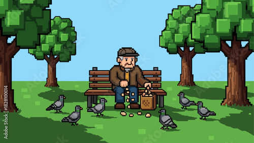 Pixel art illustration of an elderly man feeding pigeons from a paper bag while sitting on a wooden bench in a sunny park with green trees and grass