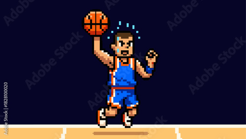 Pixel art basketball player character in blue uniform jumping high to dunk the ball in a retro video game style illustration on a dark background