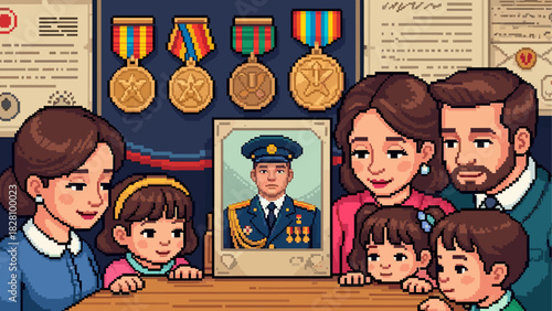Pixel art family with children remembering a fallen soldier hero by looking at his portrait with medals and documents on the wall in a retro 8-bit video game style
