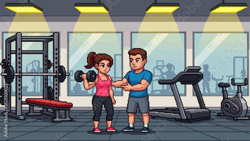 Pixel art illustration of a fitness coach assisting a woman with a bicep curl using a dumbbell inside a gym with exercise equipment in a retro 8-bit video game aesthetic