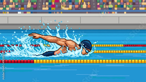 Pixel art male swimmer in a cap and goggles competing in a freestyle race, creating a splash in a pool with spectators in the background in a retro video game style