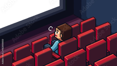 Surprised pixel art character sitting alone in a dark, empty cinema with red seats, captivated by the bright white screen in an isometric perspective