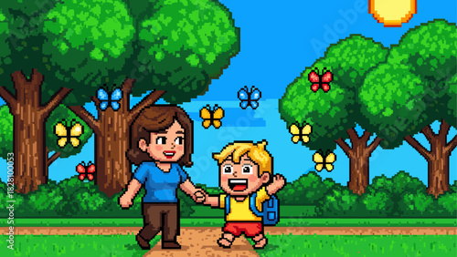 Pixel art mother and son holding hands on a happy walk through a sunny park with trees and butterflies, a cheerful retro video game style illustration of family and childhood