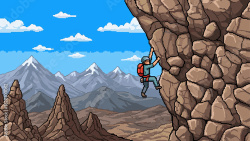 Pixelated climber with a red backpack ascending a steep rock face in a classic 8-bit video game illustration with snowy mountain peaks under a clear blue sky
