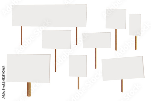 Set of several blank signs on wooden posts Blank white protest sign Various demonstration banners Strike action cardboard placard mockup Copy space for protest text  Social advertisement	