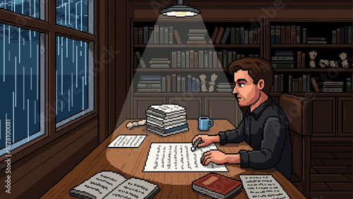 Pixel art man writing at a wooden desk in a dark library on a rainy night, illuminated by a single lamp, creating a moody, focused, and studious atmosphere