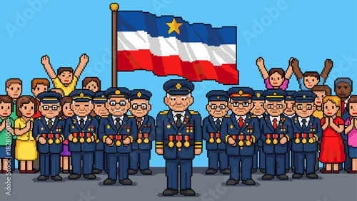 Group of pixel art military officers in blue uniforms with medals stand at a formal parade with a cheering crowd and a large tricolor flag in a retro 8-bit video game style