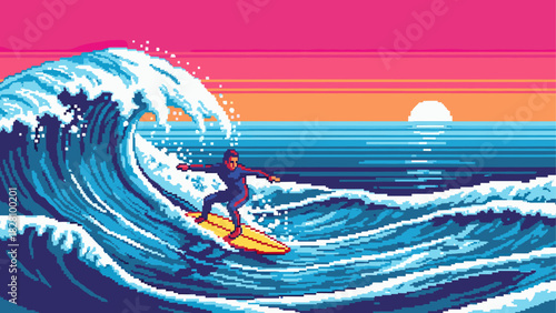 Pixel art surfer in a wetsuit riding a huge blue ocean wave during a vibrant pink and orange sunset, a retro 8-bit video game style illustration
