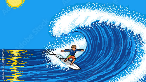 Pixel art surfer riding a big wave inside a curling ocean barrel in a retro 8-bit video game style illustration with a bright sun and blue sky