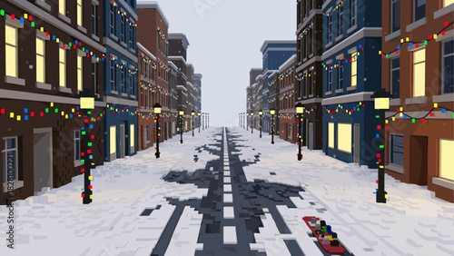 Blocky voxel art winter city street decorated with colorful Christmas lights and glowing windows on a snowy evening with a festive holiday atmosphere and a sled in the foreground