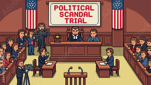 Pixel art courtroom scene during a political scandal trial with a judge, lawyers, media, and audience in a retro 8-bit video game style illustration