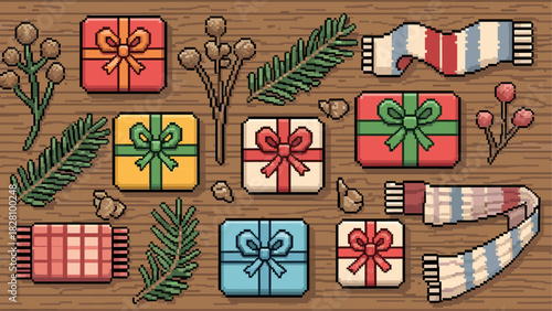 Charming pixel art collection of festive holiday gifts, warm scarves, and winter botanicals arranged in a cozy flat lay on a brown wooden surface