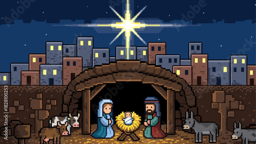 Pixel art nativity scene with Mary, Joseph, and baby Jesus in a manger under a bright star, depicted in a retro 8-bit video game style with a city in the background at night