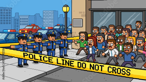 Four pixel art police officers hold a yellow 'Police Line Do Not Cross' tape, blocking a diverse, agitated crowd in a retro pixelated city scene with police cars