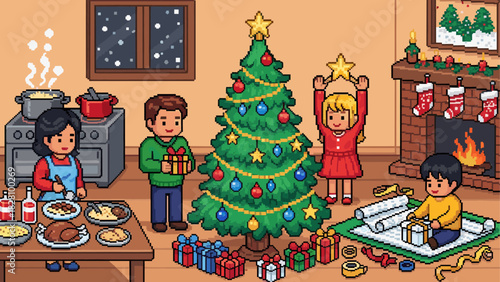 Pixel art illustration of a happy family celebrating Christmas together in a cozy home, decorating the tree, cooking a festive dinner, and wrapping presents by the fireplace