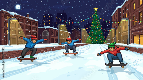 Three pixel art characters skateboarding down a snowy city street at night during a festive Christmas holiday with a decorated tree and glowing lights