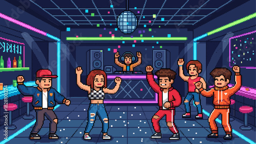 Pixel art characters of young people dancing on a dance floor in a vibrant retro nightclub with a DJ, neon lights, and a sparkling disco ball