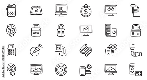 Collection of modern technology and security system doodle line icons set