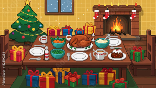 Festive Christmas dinner table scene in a cozy pixel art style featuring a roasted turkey, decorated tree, gift boxes, and a warm fireplace with stockings