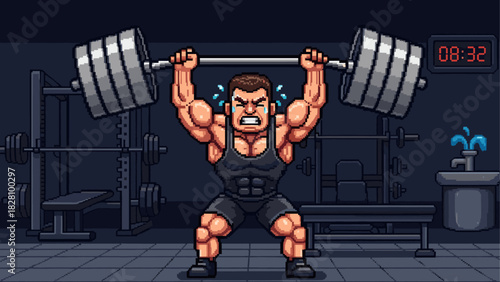 Muscular pixel art man character lifting a heavy barbell overhead, sweating and straining with intense effort inside a dark retro video game style gym