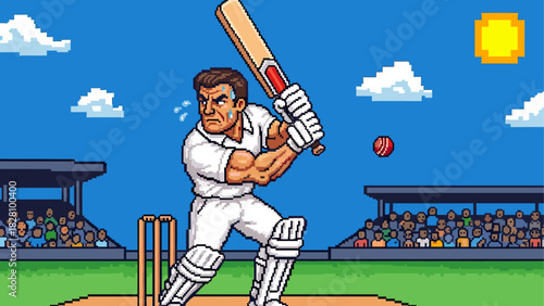 Pixel art cricket player in white uniform swinging his bat to hit a red ball during a match in a retro 8-bit video game style stadium on a sunny day