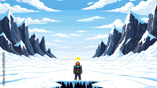 Pixel art illustration of a lone explorer with a backpack standing on broken ice in a vast, frozen valley with snowy mountains and a rising sun