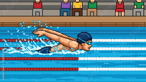 Pixel art swimmer in a blue cap doing the butterfly stroke during a competition, splashing water in a pool with lane lines and spectators watching from the stands