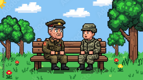 Old military general and a young soldier sitting on a wooden bench talking in a sunny park, a colorful and detailed 8-bit pixel art scene with trees and flowers