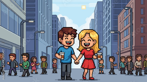 Pixel art couple holding hands and coffee walking happily on a busy city street with a crowd of people and skyscrapers in a retro video game style illustration