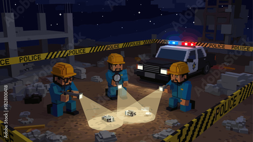 Three blocky pixel art police officers with flashlights are investigating a crime scene at an unfinished construction site during the night with a patrol car in the background