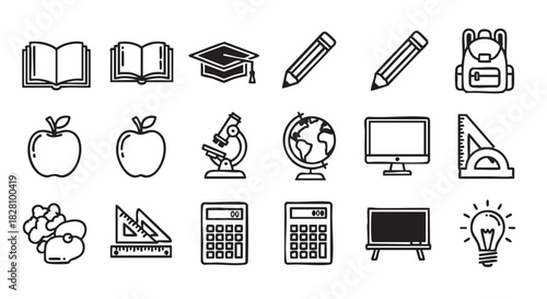 Collection of School and Education Icons in Black and White Style