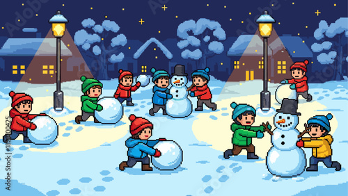 Happy pixel art children in colorful winter clothes are joyfully building snowmen and rolling snowballs on a snowy village street at night, illuminated by warm streetlights