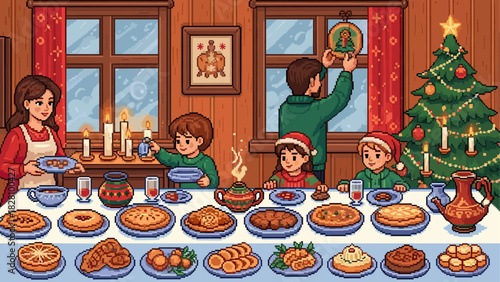 Pixel art family celebrating a festive holiday dinner together in a cozy, decorated room with a Christmas tree and a large feast on the table, creating a warm nostalgic scene