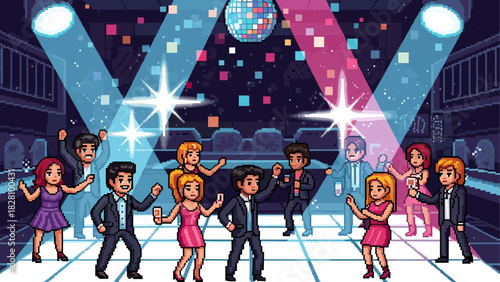 Joyful pixel art people in suits and dresses dancing at a fun nightclub party under a shiny disco ball with vibrant blue and pink spotlights creating a retro atmosphere